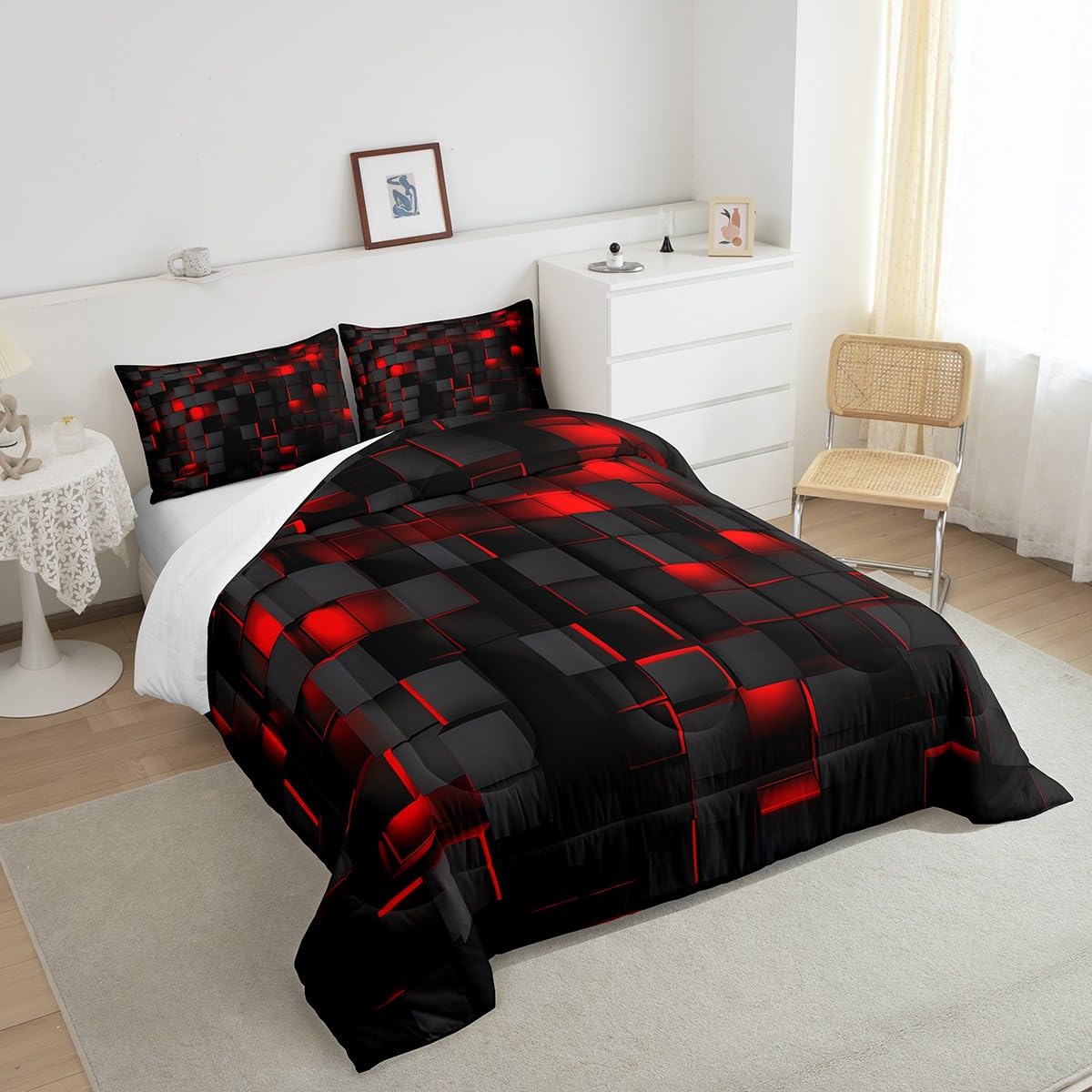 Feelyou Red and Black Bedding Set King Size Light Geometric Comforter Set for Kids Boys Girls Geometry Decor Comforter Modern Duvet Set