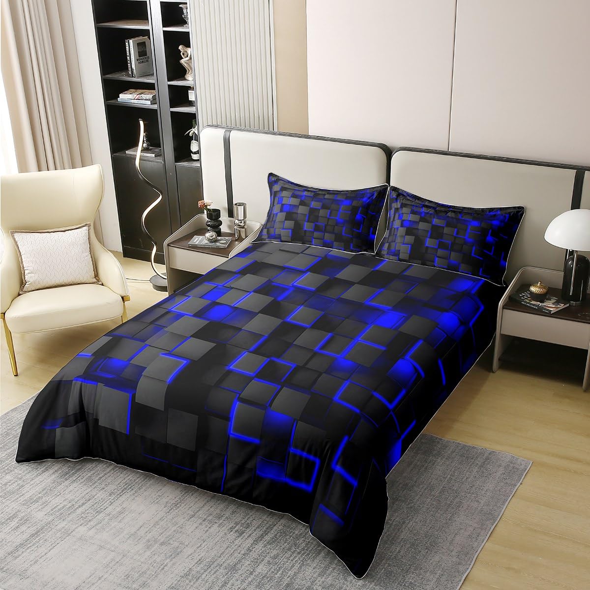 Feelyou Blue and Black Bedding Duvet Cover Set 100% Cotton Full Size Light Geometric Bedding Set for Kids Boys Girls Geometry Decor Comforter Cover Set Modern Style Bedspread Cover