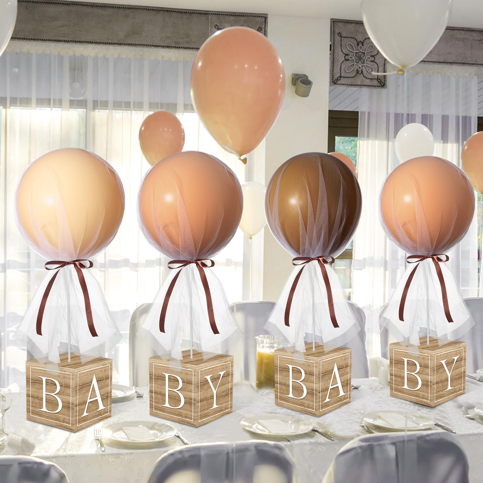 Wettarn 6 Sets 24" Brown Tulle Tutu Balloon with Wood Grain Boxes Baby Bear Party Table Decoration for Bear Baby Shower Table Centerpieces Balloon Tulle Cover for Birthday Gender Reveal(Fresh)