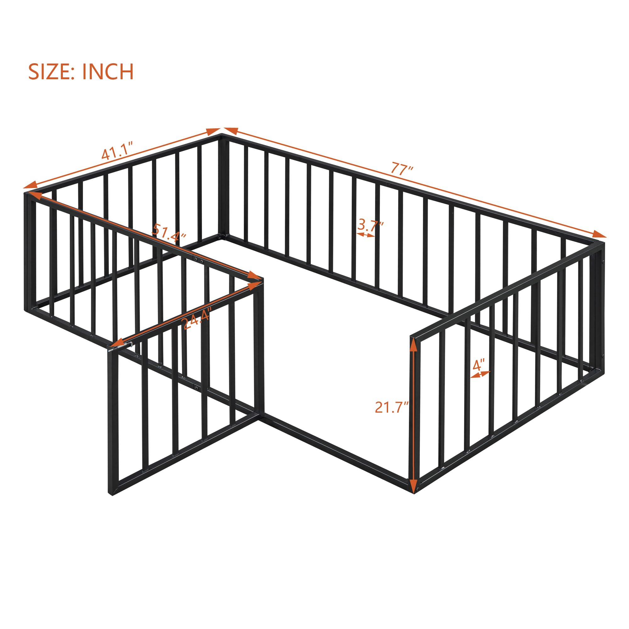 KTATK Twin Size Metal Floor Bed Frame with Fence and Door, Versatile Montessori Beds,No Box Spring Needed,Easy to Install,for Kids,Boys,Girls,Black