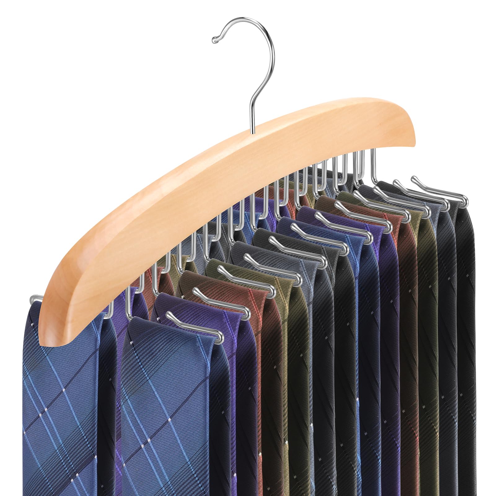 Tie Rack Hanger for Closet,360 Degree Rotating Tie Holder Organizer with 24 Folding Hooks,Wooden Men's Neck Tie Organizer Storage for Belts Tank Tops Scarves