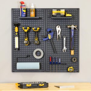 heavy-duty pegboard wall kit, 13 lockable attachments, garage organization & storage, 2 panel pegboard system, solid steel holds 300 lbs, 34 in. x 32 in.