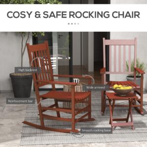 Outsunny Outdoor Rocking Chair Set of 2 with Side Table, Patio Wooden Rocking Chair with Smooth Armrests, High Back for Garden, Balcony, Porch, Supports Up to 352 lbs, Wine Red