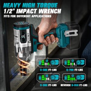 Cordless Impact Wrench 1/2 inch for Makita Battery, 900FT-LBS (1200N.m) Brushless Electric Impact Gun Includes LED Work Light, Bare Tool Only (950Ft-lbs Wrench Bare Tool)