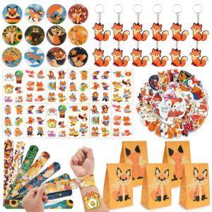 boikoky 110pcs fox birthday decorations fox party favors with slap bracelets keychain temporary tattoo stickers badges gift bags for kids woodland baby shower jungle safari party supplies