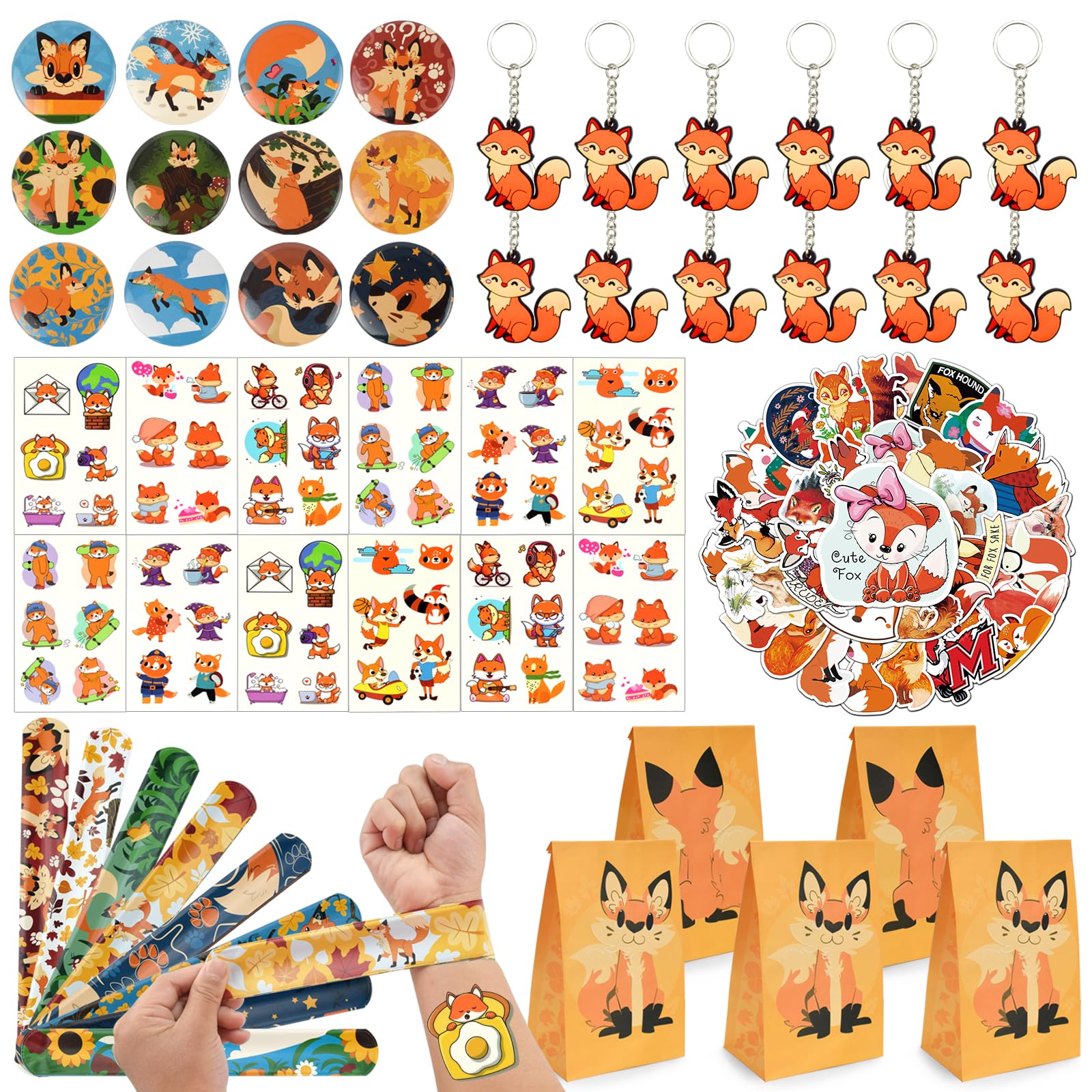 BOIKOKY 110Pcs Fox Birthday Decorations Fox Party Favors with Slap Bracelets Keychain Temporary Tattoo Stickers Badges Gift Bags for Kids Woodland Baby Shower Jungle Safari Party Supplies