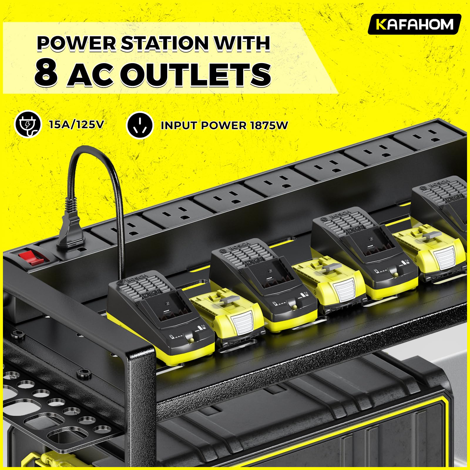 KAFAHOM Power Tool Organizer with Charging Station.Garage 8 Drill Holder Built in 8 Outlets Power Strip,Tool Storage Shelf Wall Mount,Tool Battery Organizer with Screwdriver/Hammer/Air Tool Rack