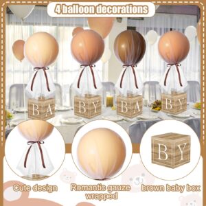 Wettarn 6 Sets 24" Brown Tulle Tutu Balloon with Wood Grain Boxes Baby Bear Party Table Decoration for Bear Baby Shower Table Centerpieces Balloon Tulle Cover for Birthday Gender Reveal(Fresh)