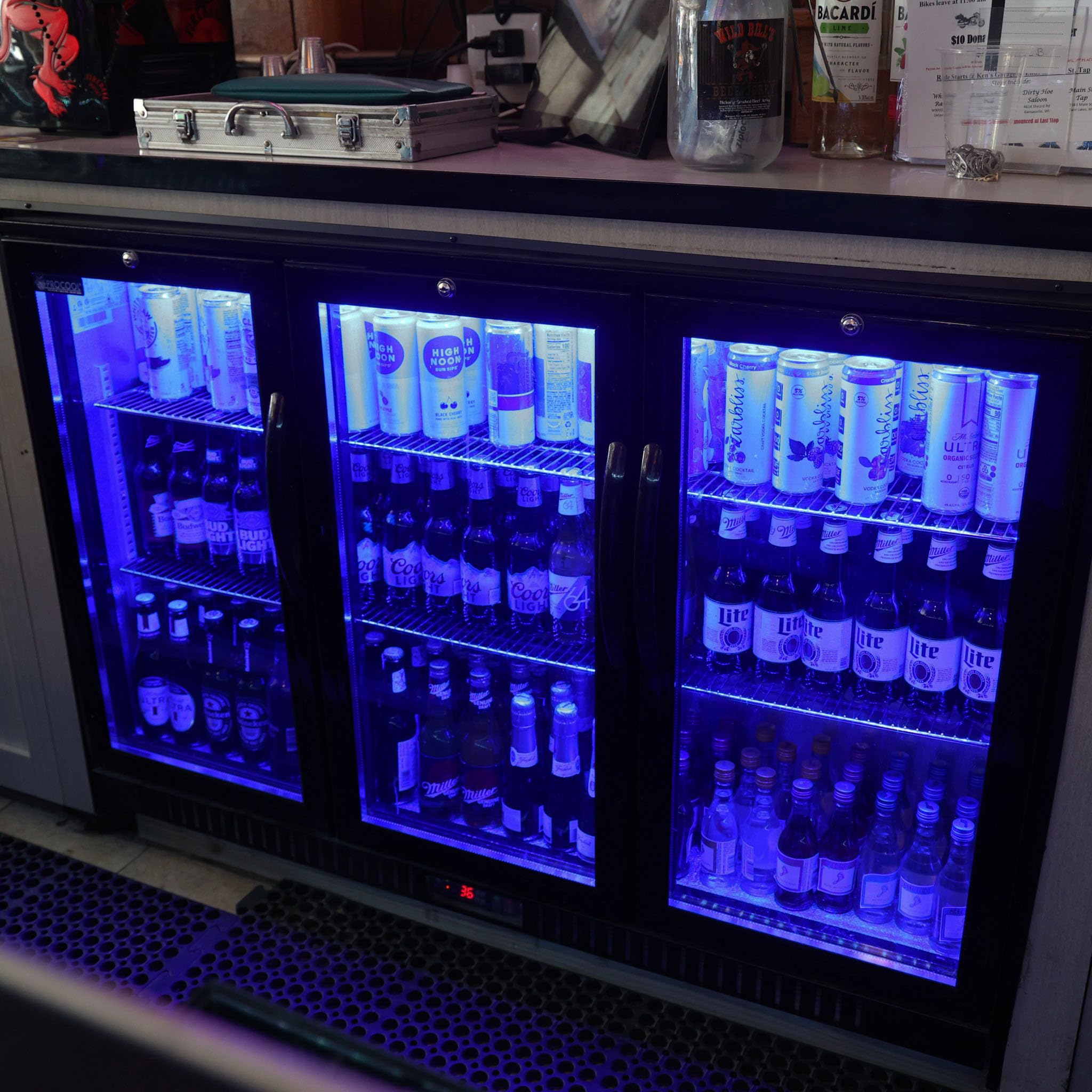 New Procool Refrigeration 3-door Glass Front Back Bar Beverage Cooler with Blue LED; 54" Wide