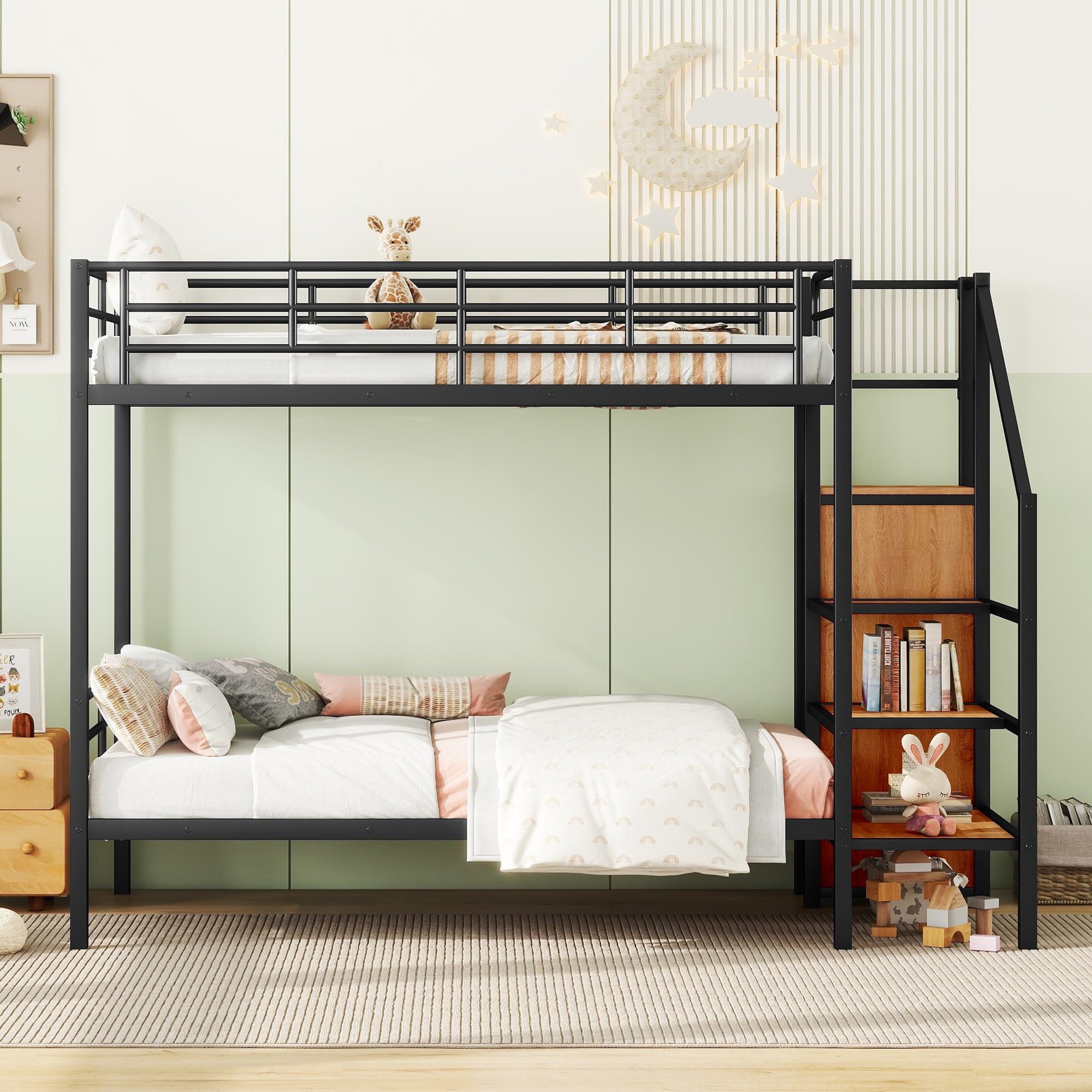 Metal Twin Over Twin Bunk Bed with Lateral Storage Ladder and Wardrobe,for Kids Teens Adults Bedroom Use (Black@Wardrobe-, Twin Over Twin)