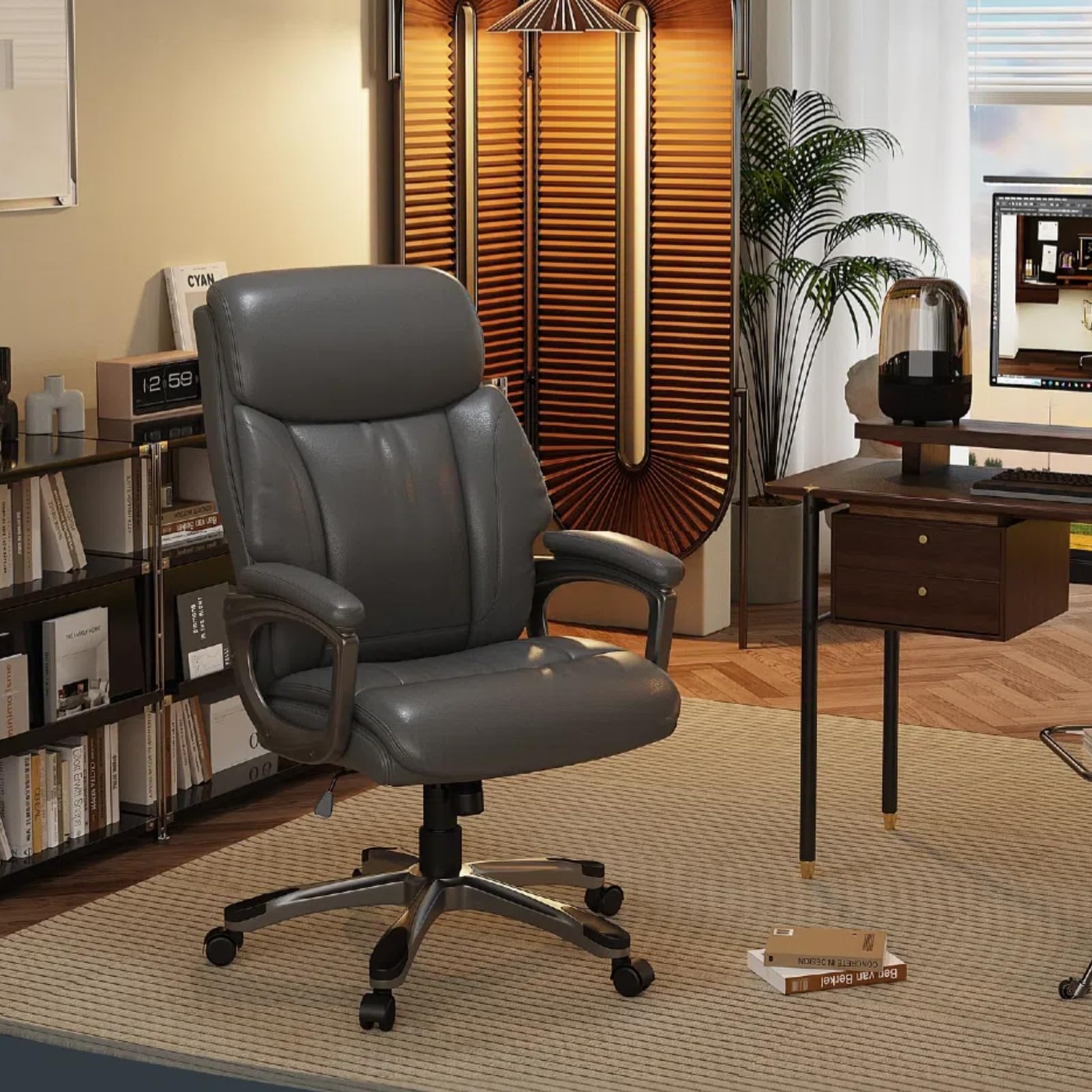 CozNook Ergonomic Executive Office Chair, Leather Desk Chair Comfy, Big and Tall Office Chair with Wheels,Lumbar Support and Padded Arms,Swivel Wide Computer Chair (Grey)