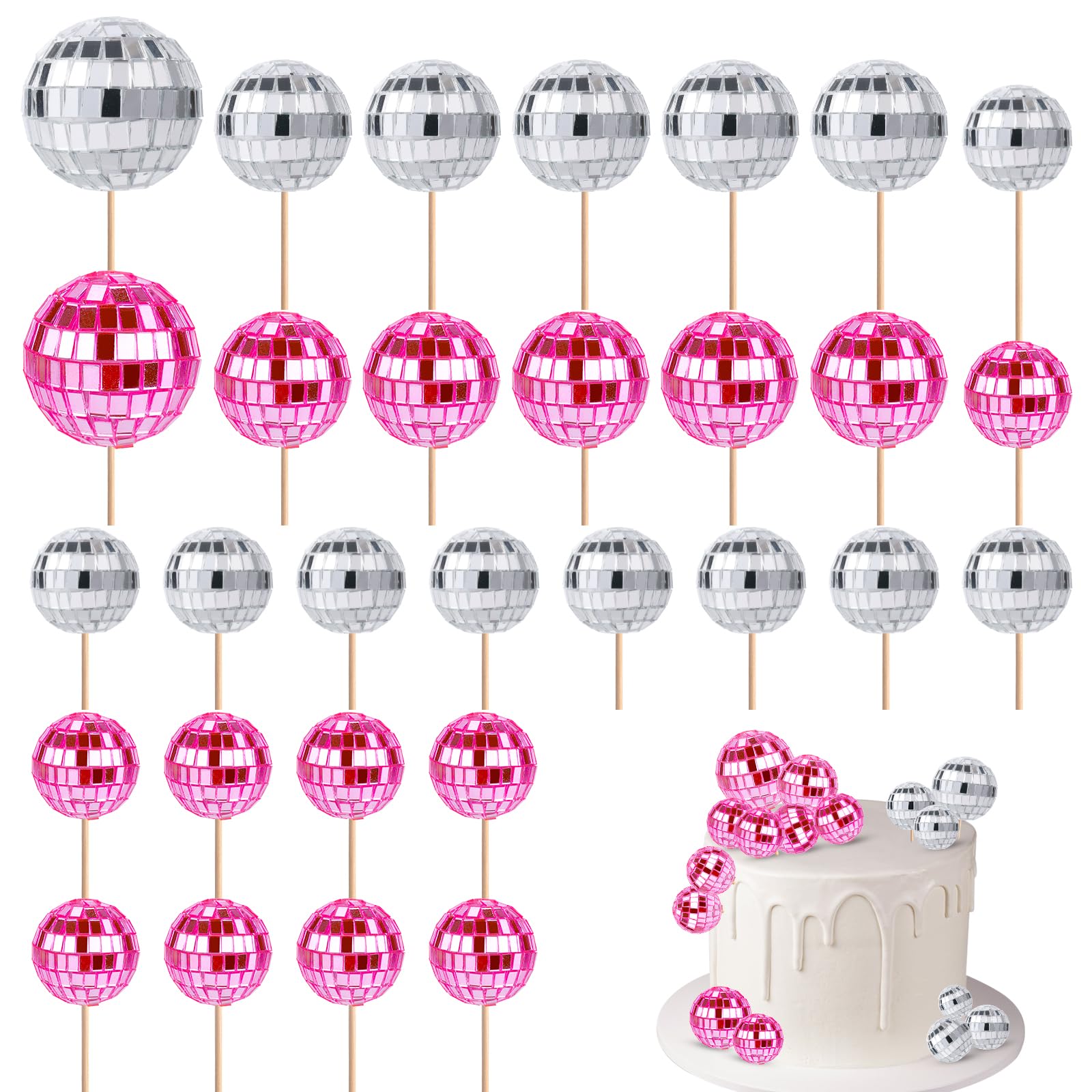 30pcs Disco Ball Cupcake Toppers, 70s Retro Cake Decorations with Stick Shiny Mini Disco Ball Picks Disco Theme Party Supplies for Dessert Birthday Decorations Ornament Small (Pink, Silver)