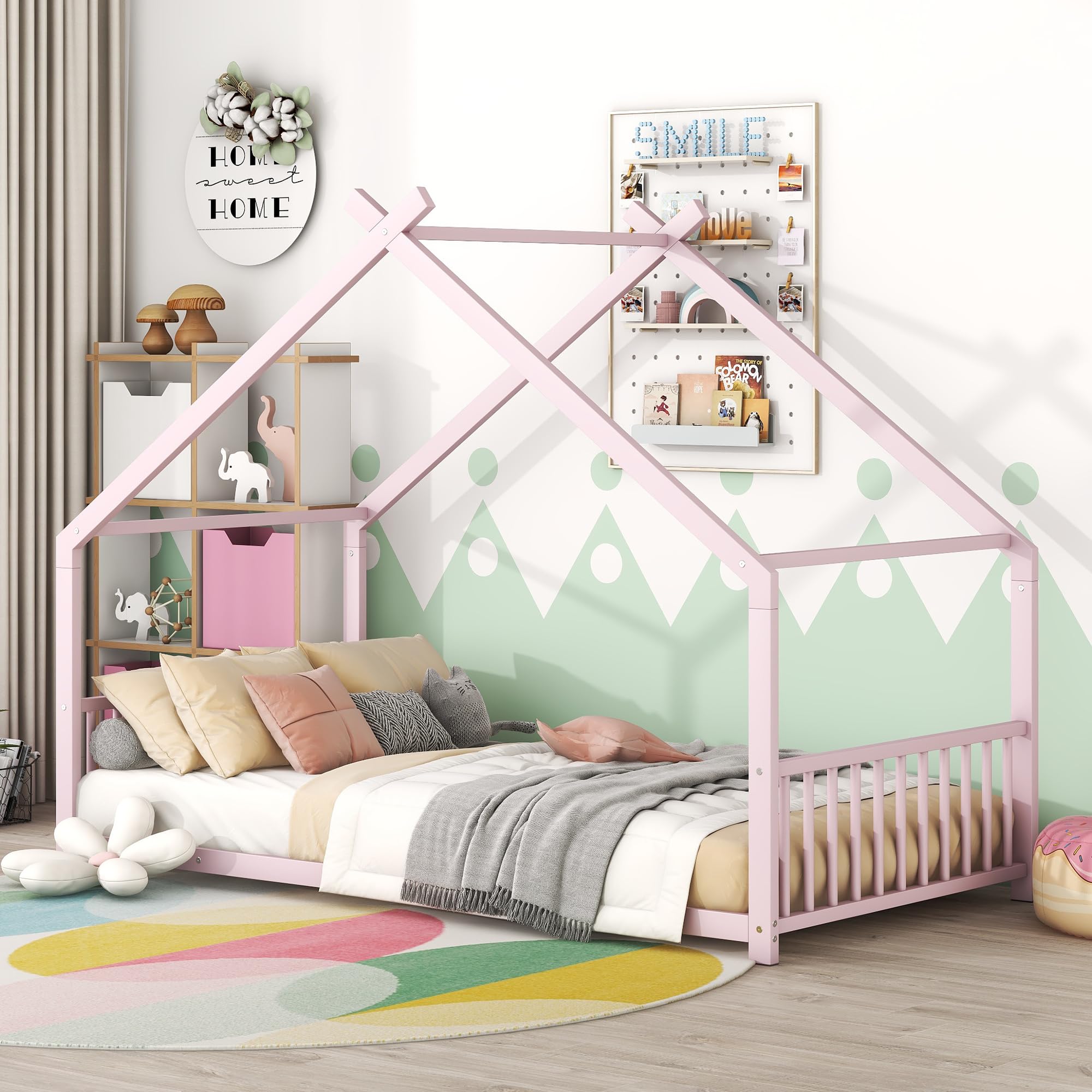 KTATK Metal Twin Size House Bed with Roof and Slats Support,Playhouse Design Montessori Floor Bed Frame W/Headboard & Footboard,No Box Spring Needed,for Kids Girls Boys,Pink