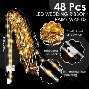 Simgoing 48 Pcs Lighted Wedding Fairy Wands LED Foil Tinsel Wedding Wands Sticks LED Light Up Wand Stick Glow in The Dark Flashing Wands Sparklers for Wedding Birthday Party Favors(Champagne)