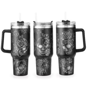 40oz skull flower tumbler with lid and straw, 40oz tumbler wrap, stainless steel insulated tumbler for water, iced tea or coffee - unique gift