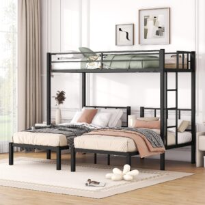 Black Metal Triple Bunk Beds Frame, Twin Over Twin & Twin Bunk Bed with Guardrails, Can Be Separated into 3 Twin Beds for Kids, Teens, Adults, No Box Spring Needed