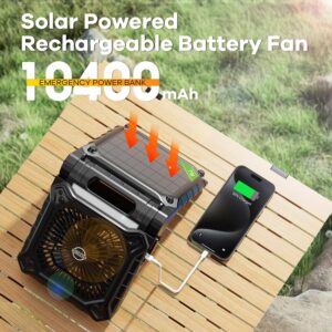 DOWILLDO Solar Powered Fan for Camping- Camping Fan with 12000 mAh Rechargeable Battery and LED Lantern, 3 Timer and 3 Speeds Battery Powered Outdoor Fan for Travel, Fishing, Outdoor(Black)