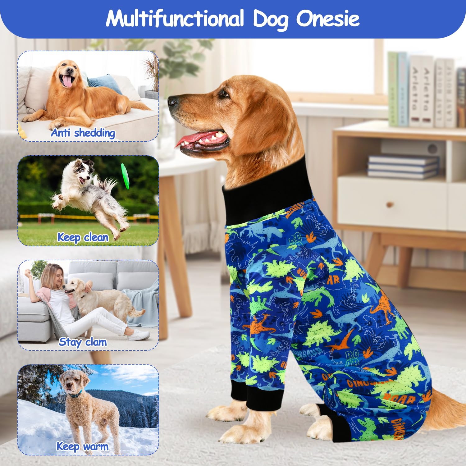 Etdane Dog Onesie Surgery Recovery Suit for Female Male Dogs After Spayed Suit Surgical Recovery Suit Anti Shedding Body Suit for Small Medium Large Dog Dinosaurs/L