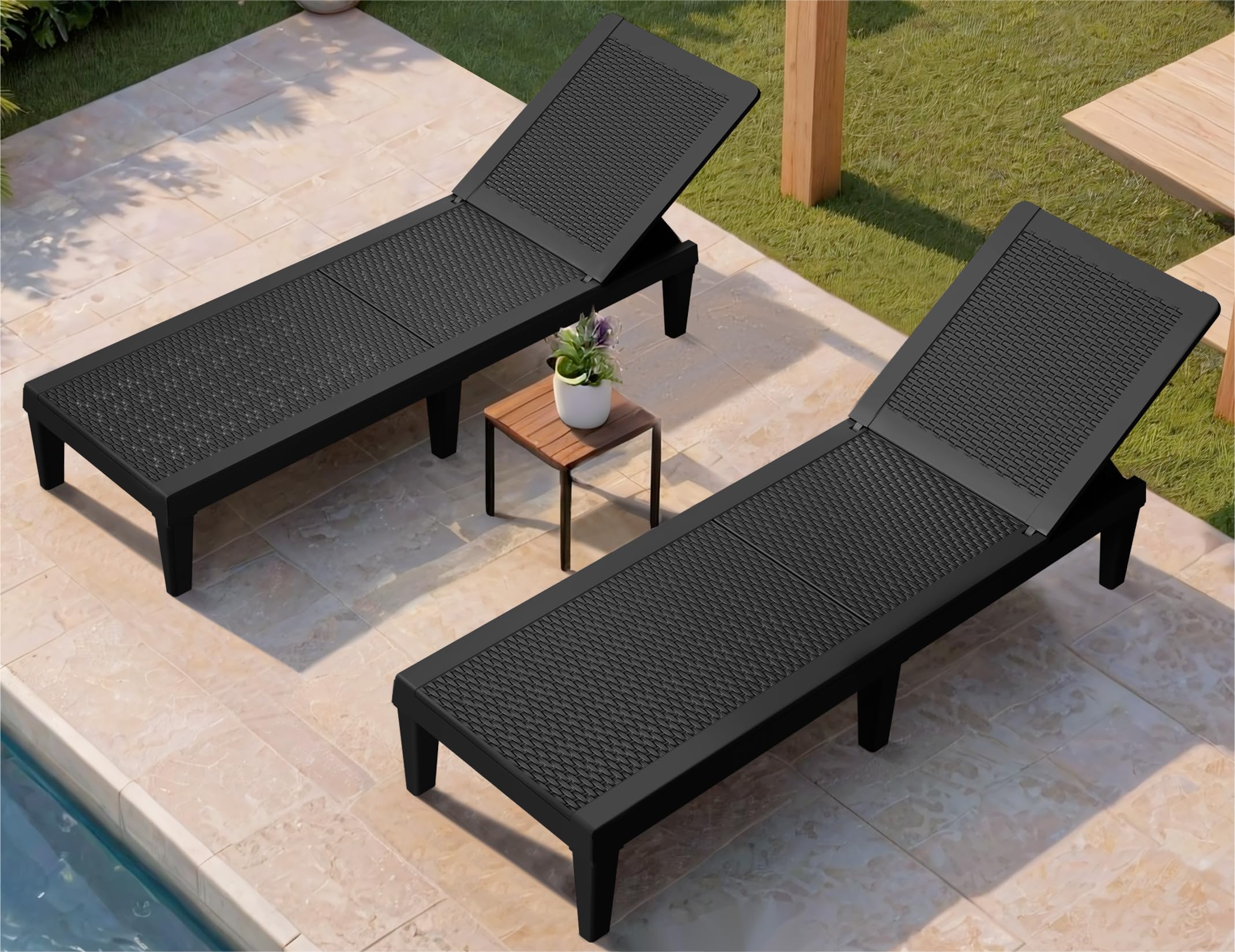 Greesum Outdoor Chaise Lounge Chairs Set of 2 with 5-Position Adjustable Backrest, Waterproof PE Sun Loungers for Garden Pool Beach Patio Deck Sunbathing, Black