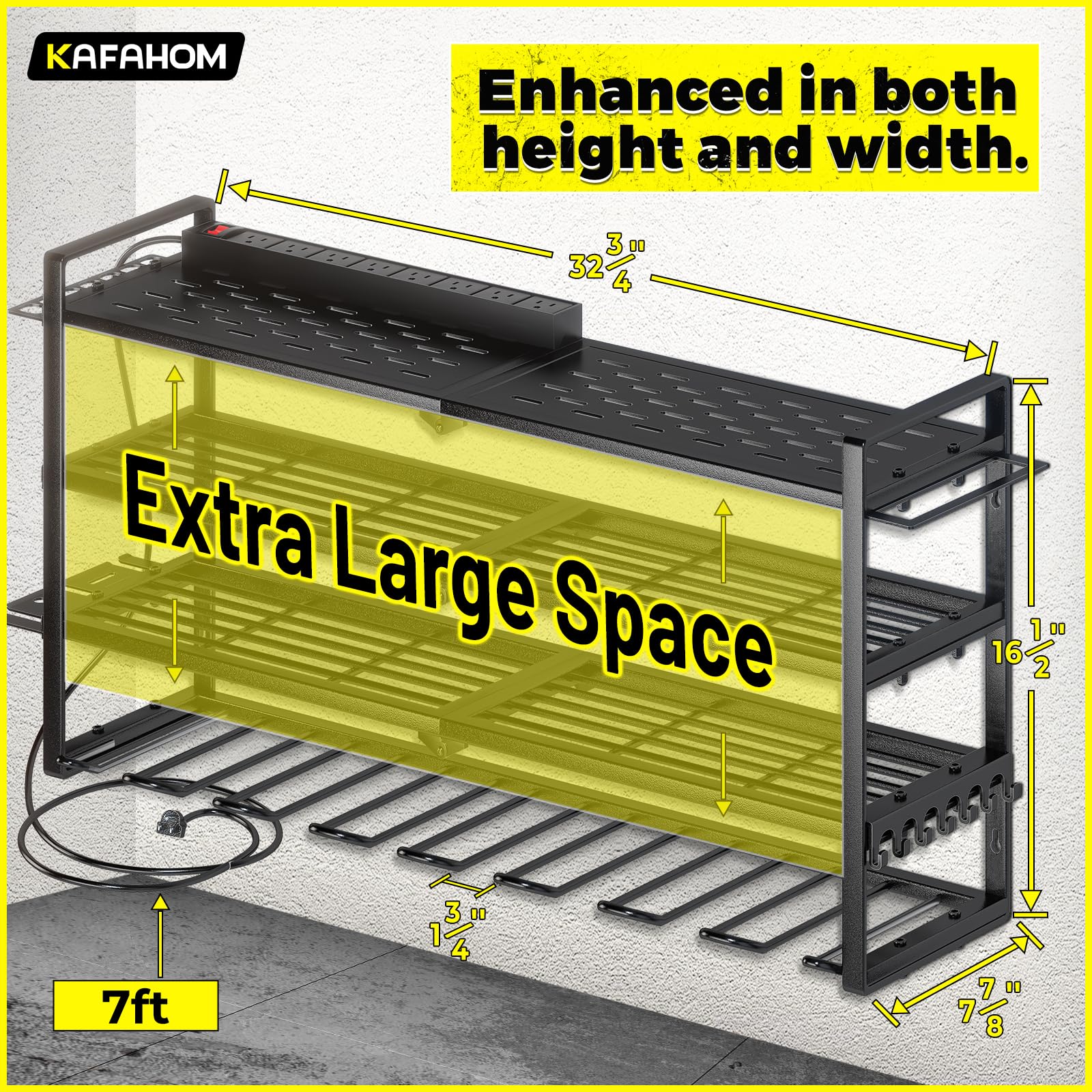 KAFAHOM Power Tool Organizer with Charging Station.Garage 8 Drill Holder Built in 8 Outlets Power Strip,Tool Storage Shelf Wall Mount,Tool Battery Organizer with Screwdriver/Hammer/Air Tool Rack