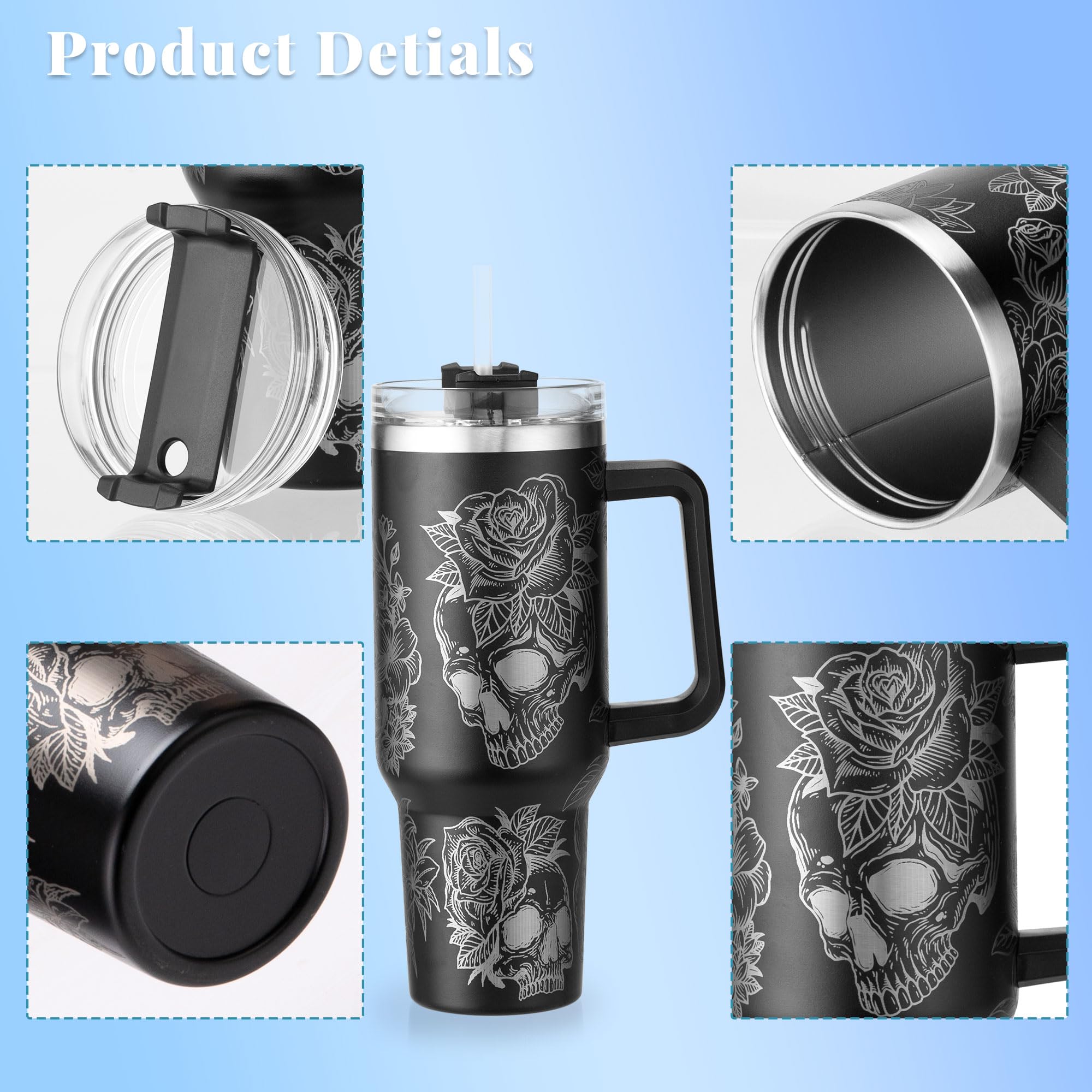 40oz Skull Flower Tumbler With Lid and Straw, 40oz Tumbler Wrap, Stainless Steel Insulated Tumbler for Water, Iced Tea or Coffee - Unique Gift