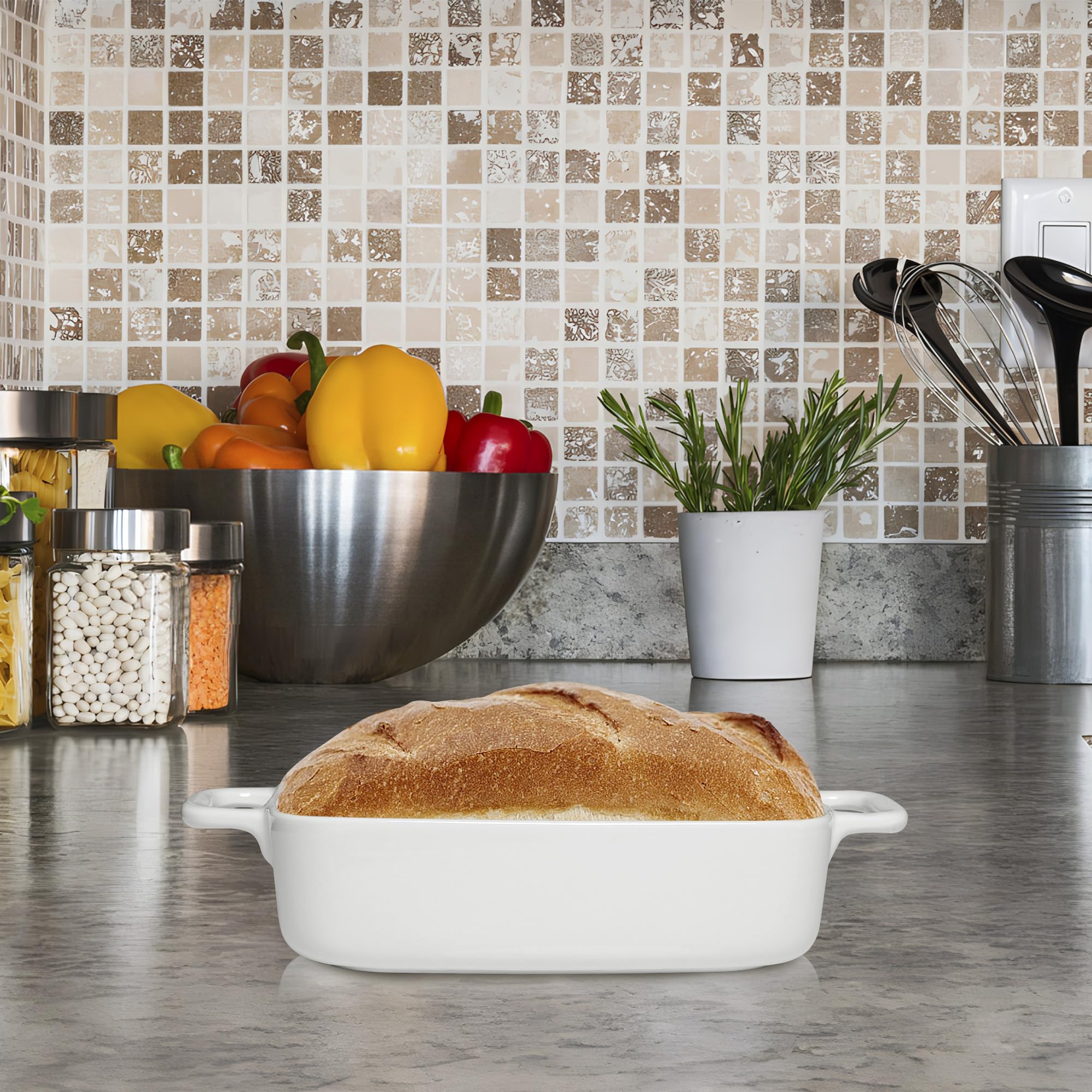 FLORWOD Small Baking Dish, Rectangular Baking Pan with Handles, White Porcelain Casserole Dish for 1 or 2 Person, 6.5x5x1.5in