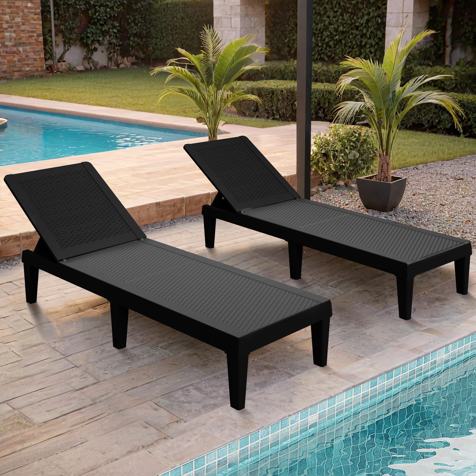 Greesum Outdoor Chaise Lounge Chairs Set of 2 with 5-Position Adjustable Backrest, Waterproof PE Sun Loungers for Garden Pool Beach Patio Deck Sunbathing, Black