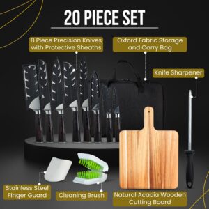 Diversity DS Japanese Chef Knife Set - 20 Piece Kitchen Knife Set with Finger Guard, Sheath, Knife Sharpener, Knife Cleaner Brush, and Wooden Cutting Board - Premium Stainless Steel