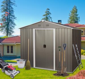 7'x5' outdoor metal storage shed with floor base, 4 punched vents and pad-lockable sliding doors, tool house w/eco-friendly painting, waterproof&uv resistant, for backyard, lawn, patio, gray