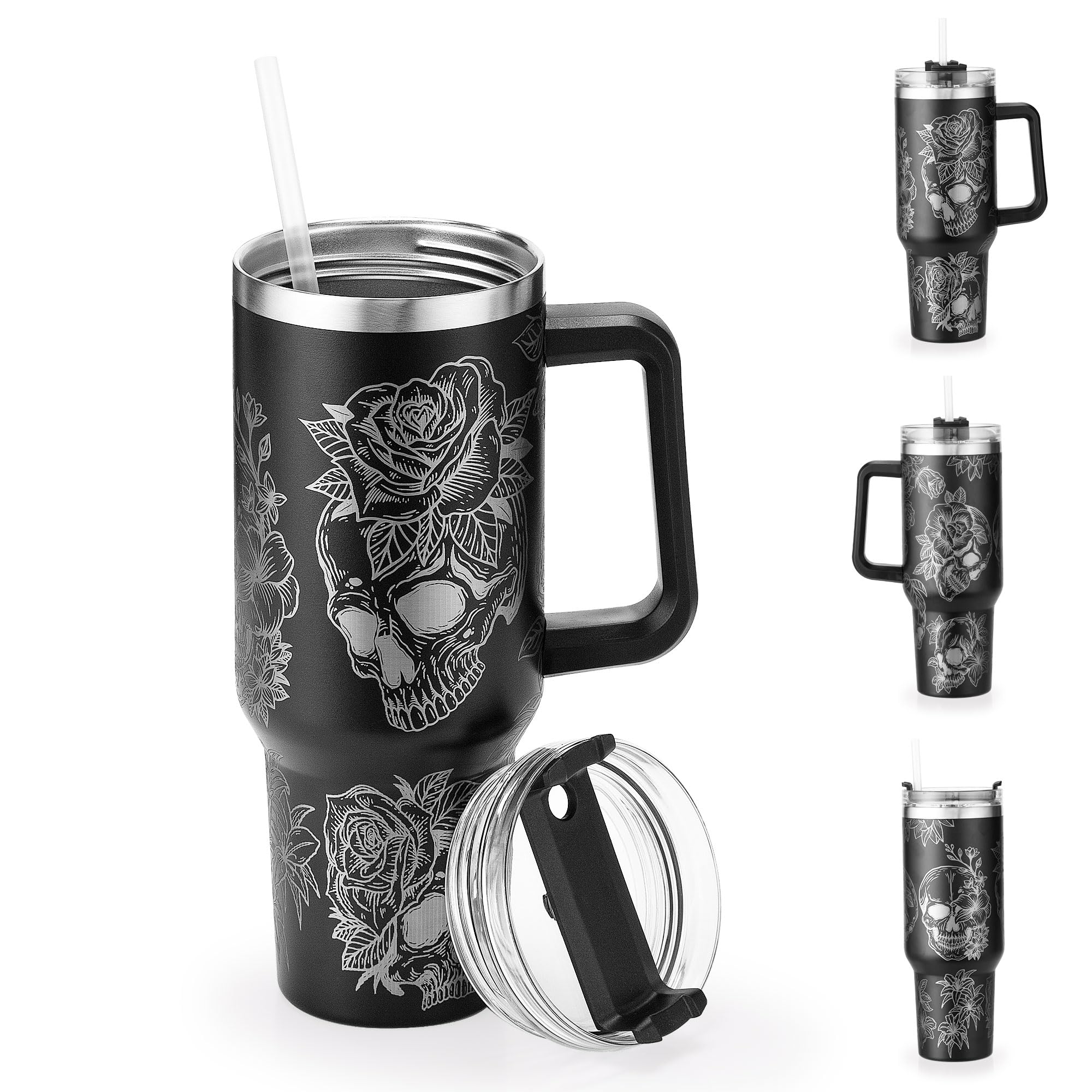 40oz Skull Flower Tumbler With Lid and Straw, 40oz Tumbler Wrap, Stainless Steel Insulated Tumbler for Water, Iced Tea or Coffee - Unique Gift