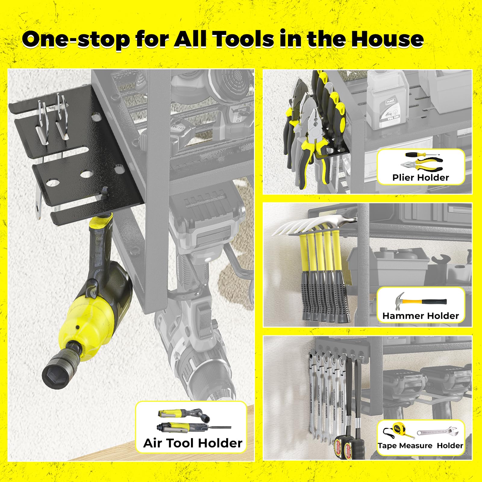 KAFAHOM Power Tool Organizer with Charging Station.Garage 8 Drill Holder Built in 8 Outlets Power Strip,Tool Storage Shelf Wall Mount,Tool Battery Organizer with Screwdriver/Hammer/Air Tool Rack