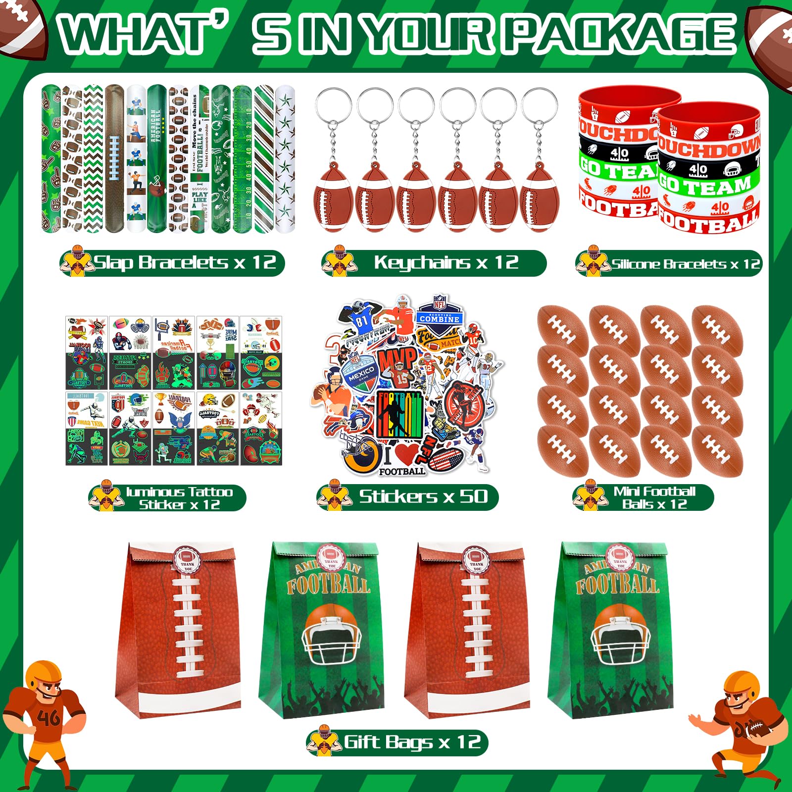 BOIKOKY 122Pcs Football Party Favors Football Goodie Bags Stuffers with Stress Ball Keychain Tattoo Sticker Silicone Bracelet for Football Birthday Party Supplies