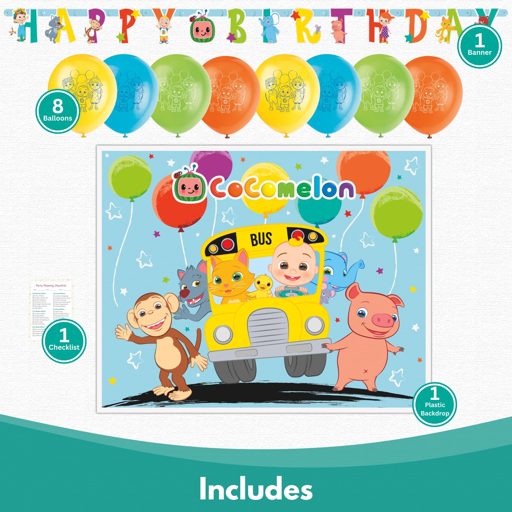 Unique Cocomelon Birthday Party Decorations Bundle - Plastic Cocomelon Backdrop, Cocomelon Banner, Balloons, Checklist - Cocomelon Party Supplies