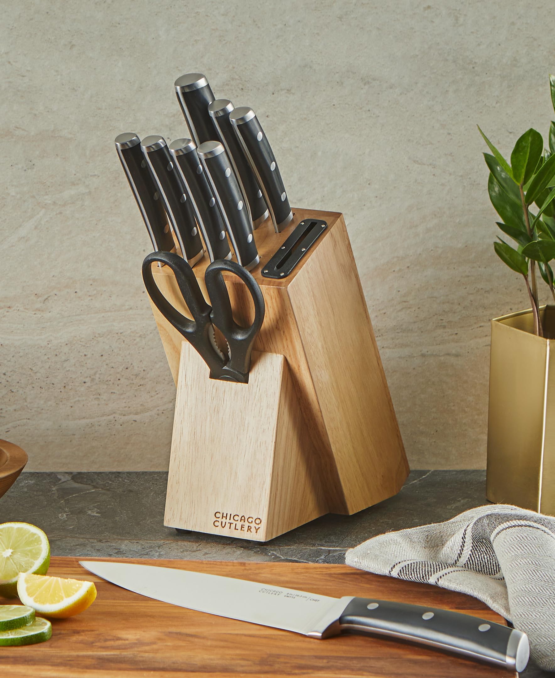 Chicago Cutlery Damen (10-PC) Built-In Sharpener Kitchen Knife Block Set with Steak Knives, Ergonomic Handles and Sharp Stainless Steel Professional Chef Knife Set