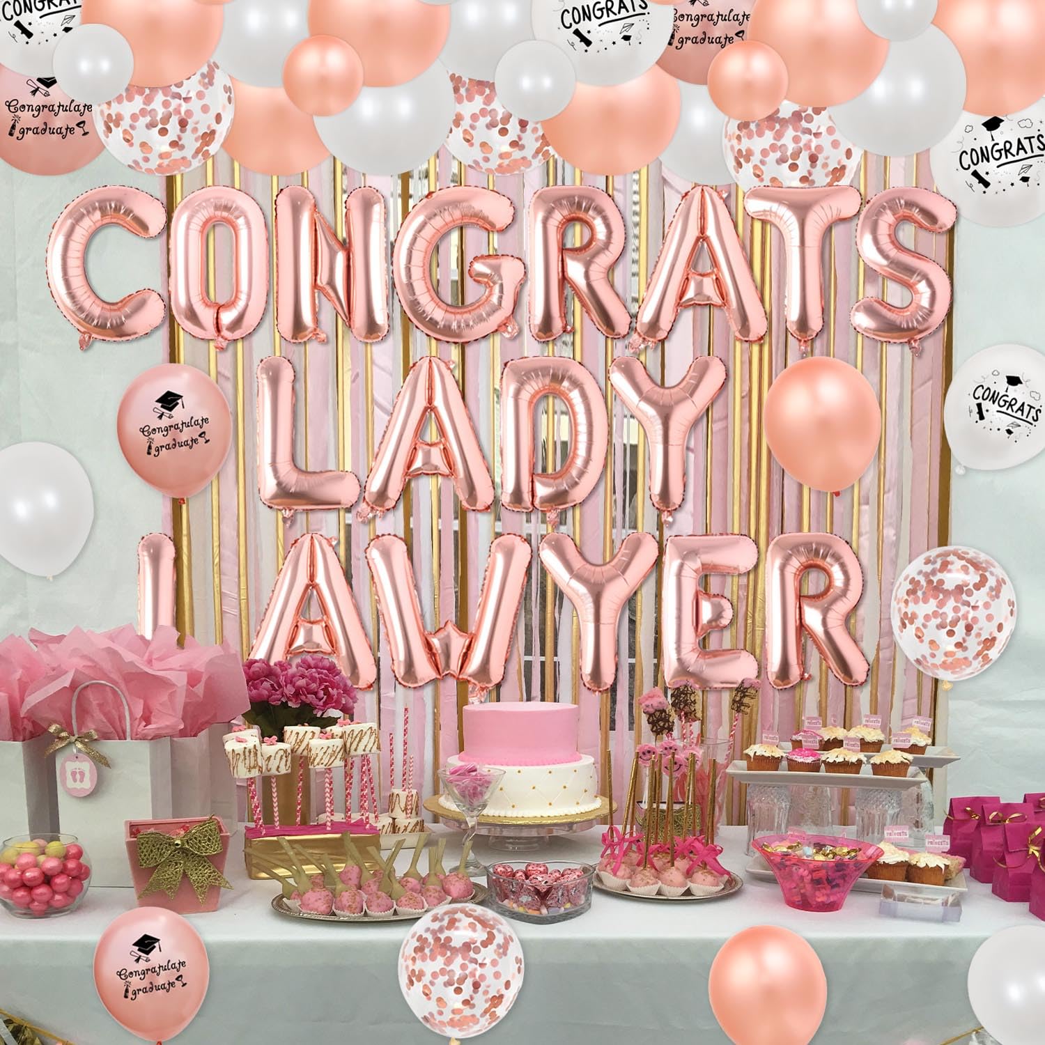 Law School Graduation Party Decoration 2025 - Rose Gold Lawyer Grad Congrats Lady Lawyer Balloon Banner Rose Gold White Congrats Balloon Garland Arch Kit for Law Day Decor Future Lawyer Party Supplies