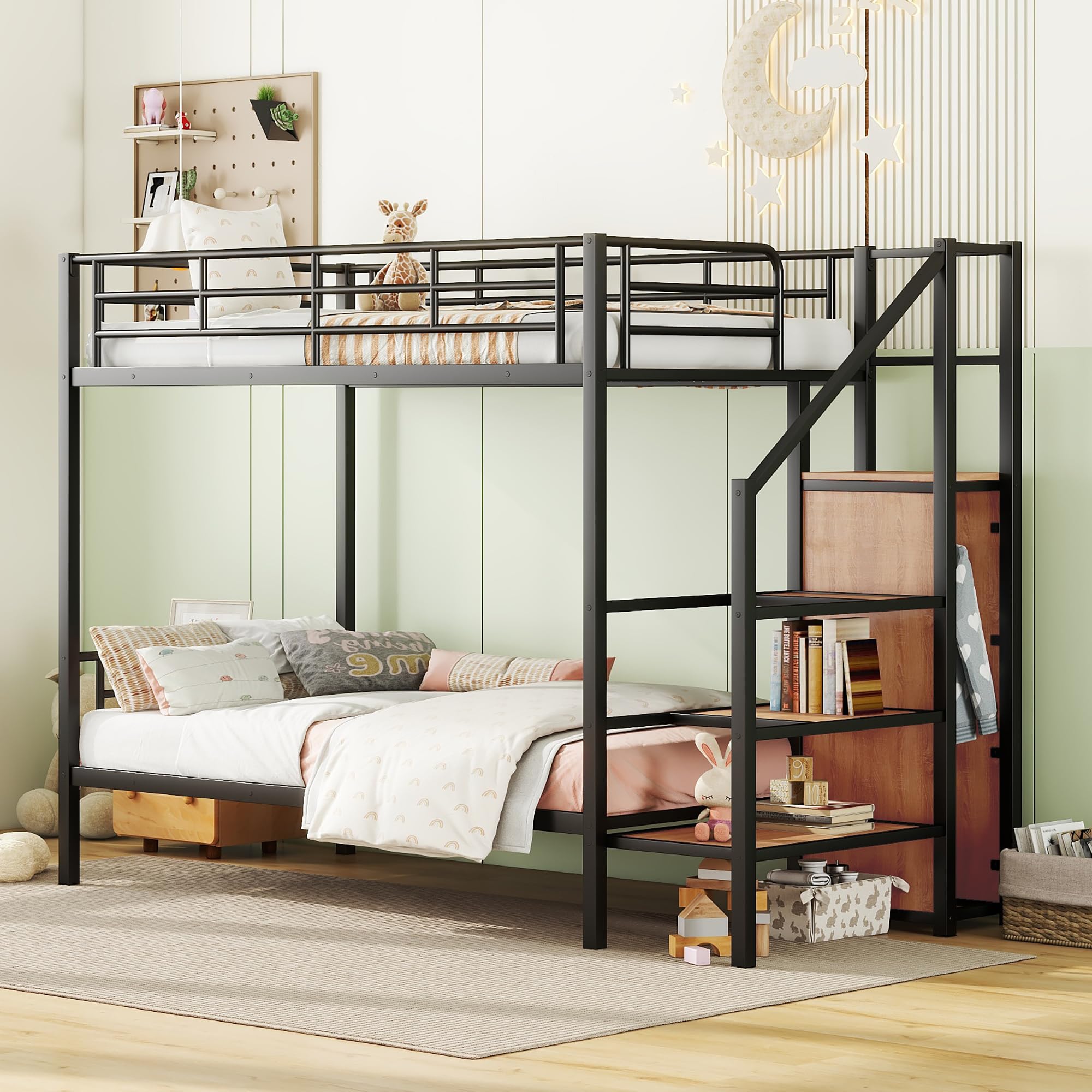 Metal Twin Over Twin Bunk Bed with Lateral Storage Ladder and Wardrobe,for Kids Teens Adults Bedroom Use (Black@Wardrobe-, Twin Over Twin)