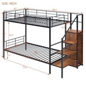 Metal Twin Over Twin Bunk Bed with Lateral Storage Ladder and Wardrobe,for Kids Teens Adults Bedroom Use (Black@Wardrobe-, Twin Over Twin)