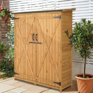 pinikuyiro outdoor storage cabinet, wood garden shed, outside tool shed, vertical organizer cabinet with double lockable doors for outside, garden and yard