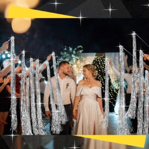 Motionchic 100 Pcs Wedding Wands Bulk 35.4 Inches Long Metallic Foil Christmas Tinsel Sticks with Bells Glitter Foil Tinsel Streamers for Bridal Wedding Send Off Ideas Celebration Supplies(Silver)