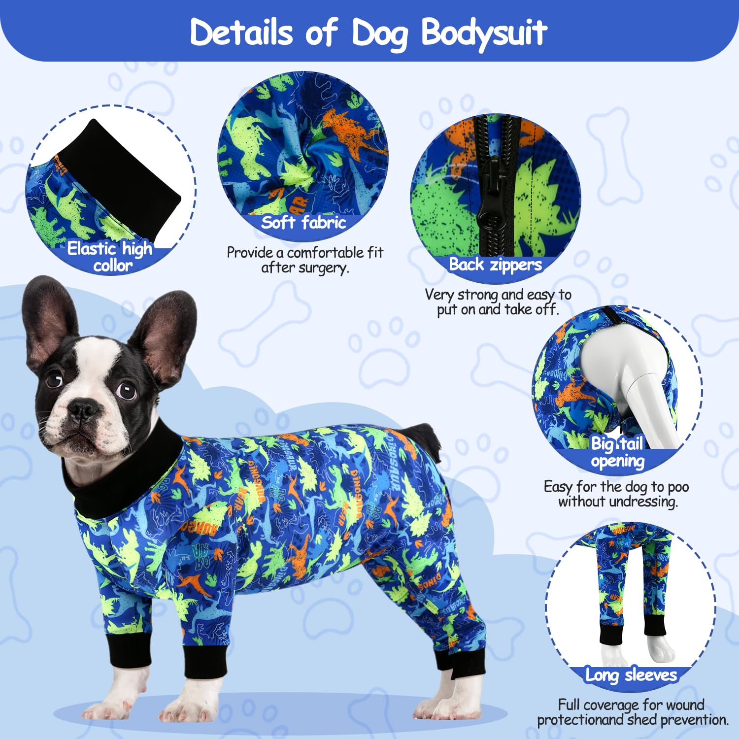 Etdane Dog Onesie Surgery Recovery Suit for Female Male Dogs After Spayed Suit Surgical Recovery Suit Anti Shedding Body Suit for Small Medium Large Dog Dinosaurs/L