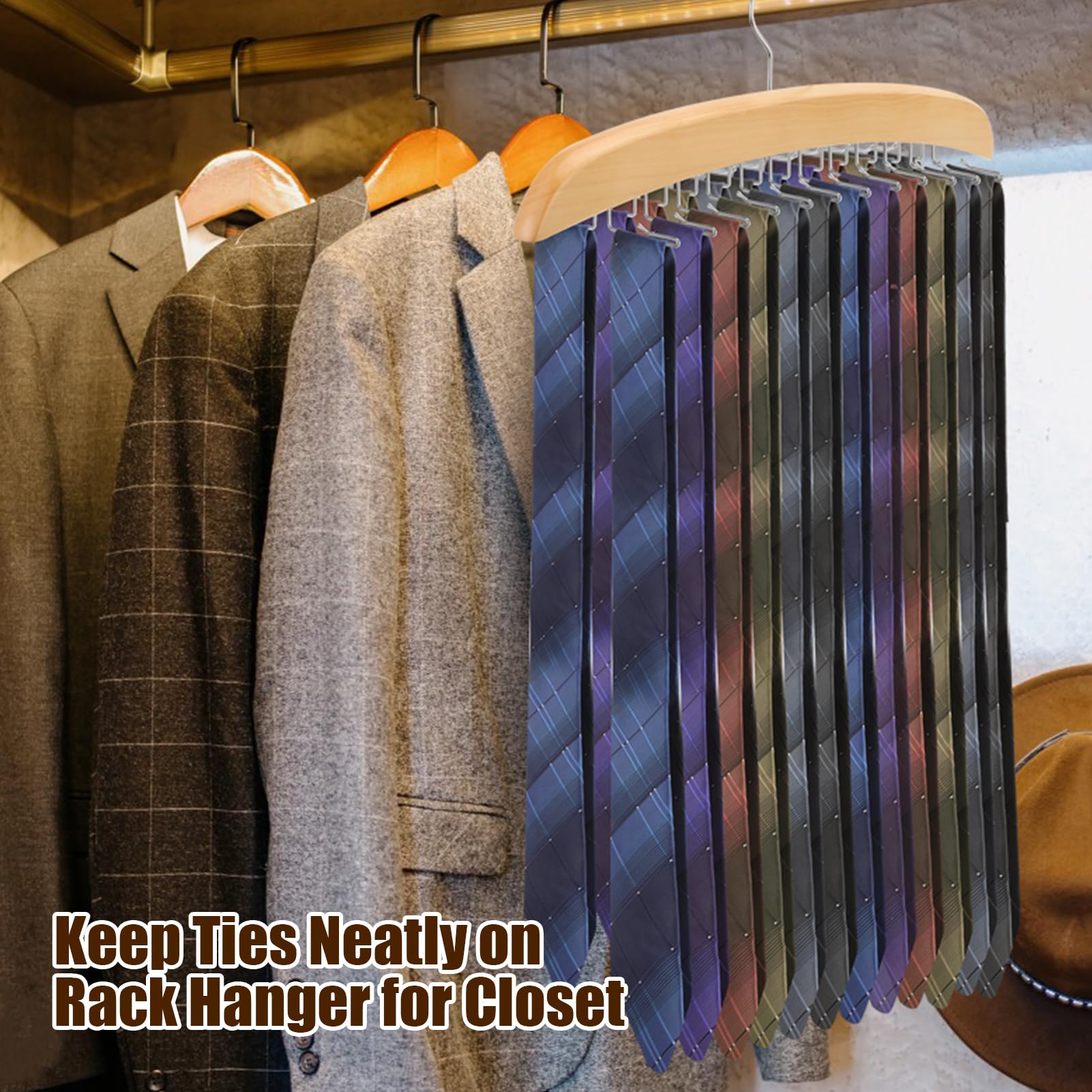 Tie Rack Hanger for Closet,360 Degree Rotating Tie Holder Organizer with 24 Folding Hooks,Wooden Men's Neck Tie Organizer Storage for Belts Tank Tops Scarves