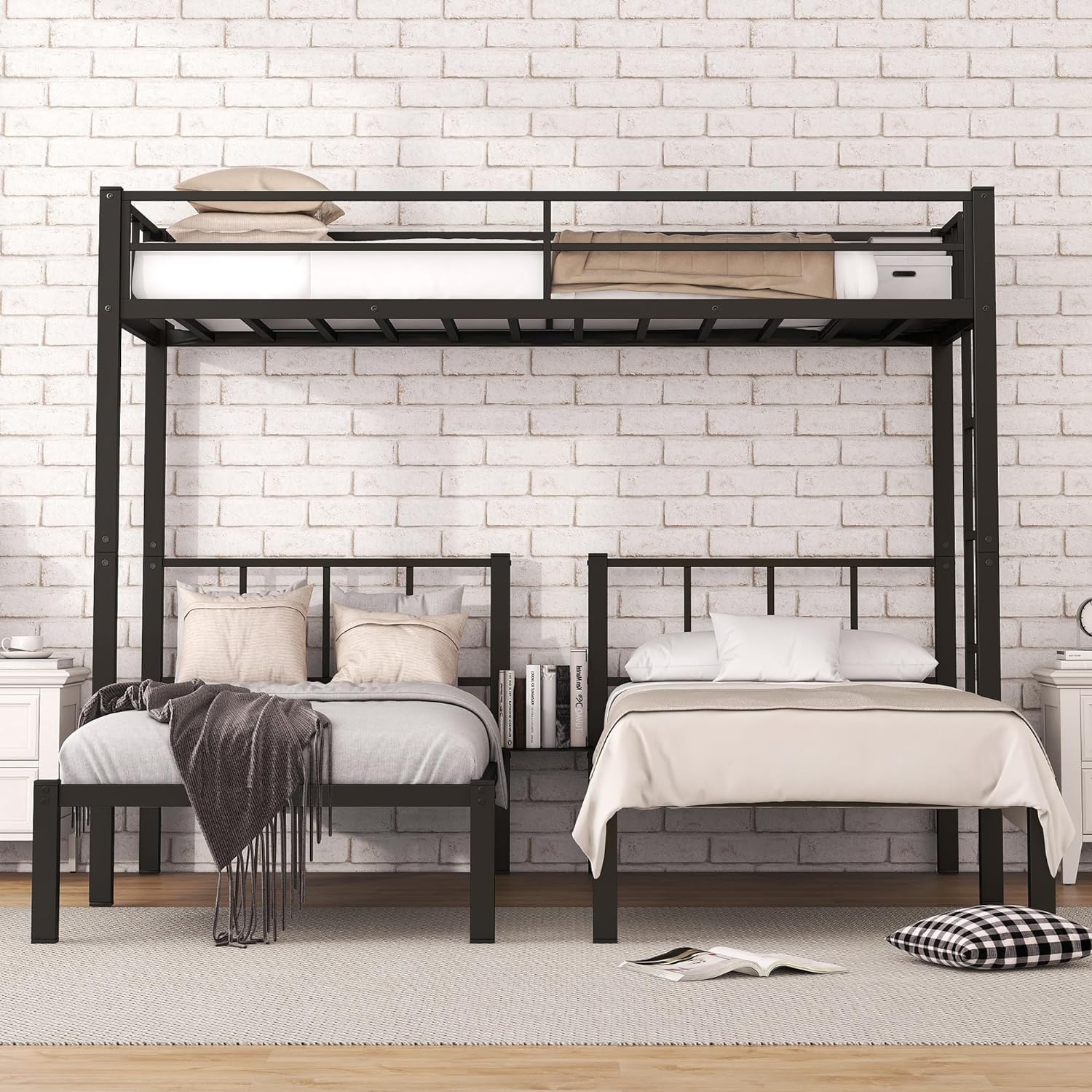 Black Metal Triple Bunk Beds Frame, Twin Over Twin & Twin Bunk Bed with Guardrails, Can Be Separated into 3 Twin Beds for Kids, Teens, Adults, No Box Spring Needed