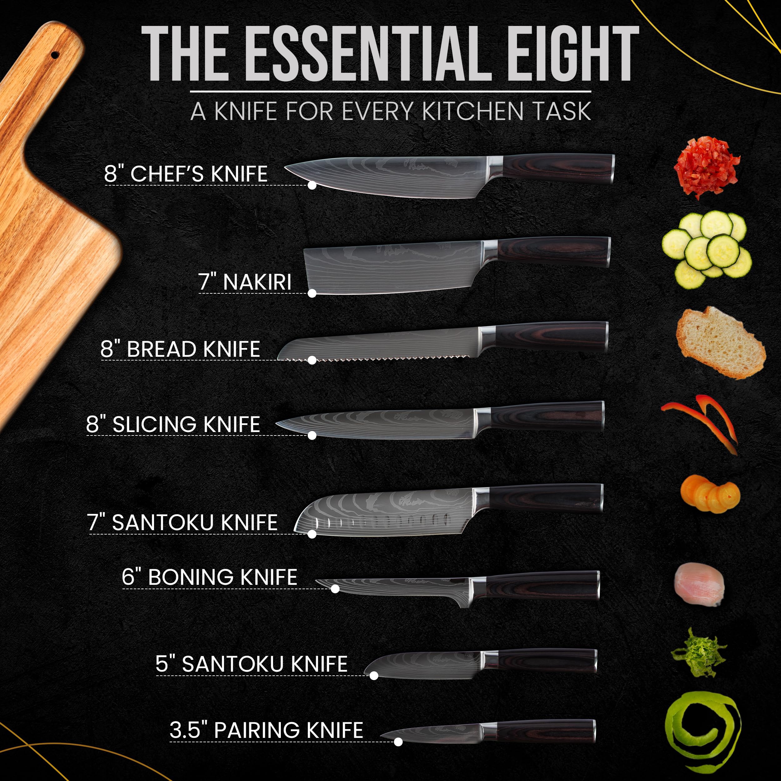 Diversity DS Japanese Chef Knife Set - 20 Piece Kitchen Knife Set with Finger Guard, Sheath, Knife Sharpener, Knife Cleaner Brush, and Wooden Cutting Board - Premium Stainless Steel