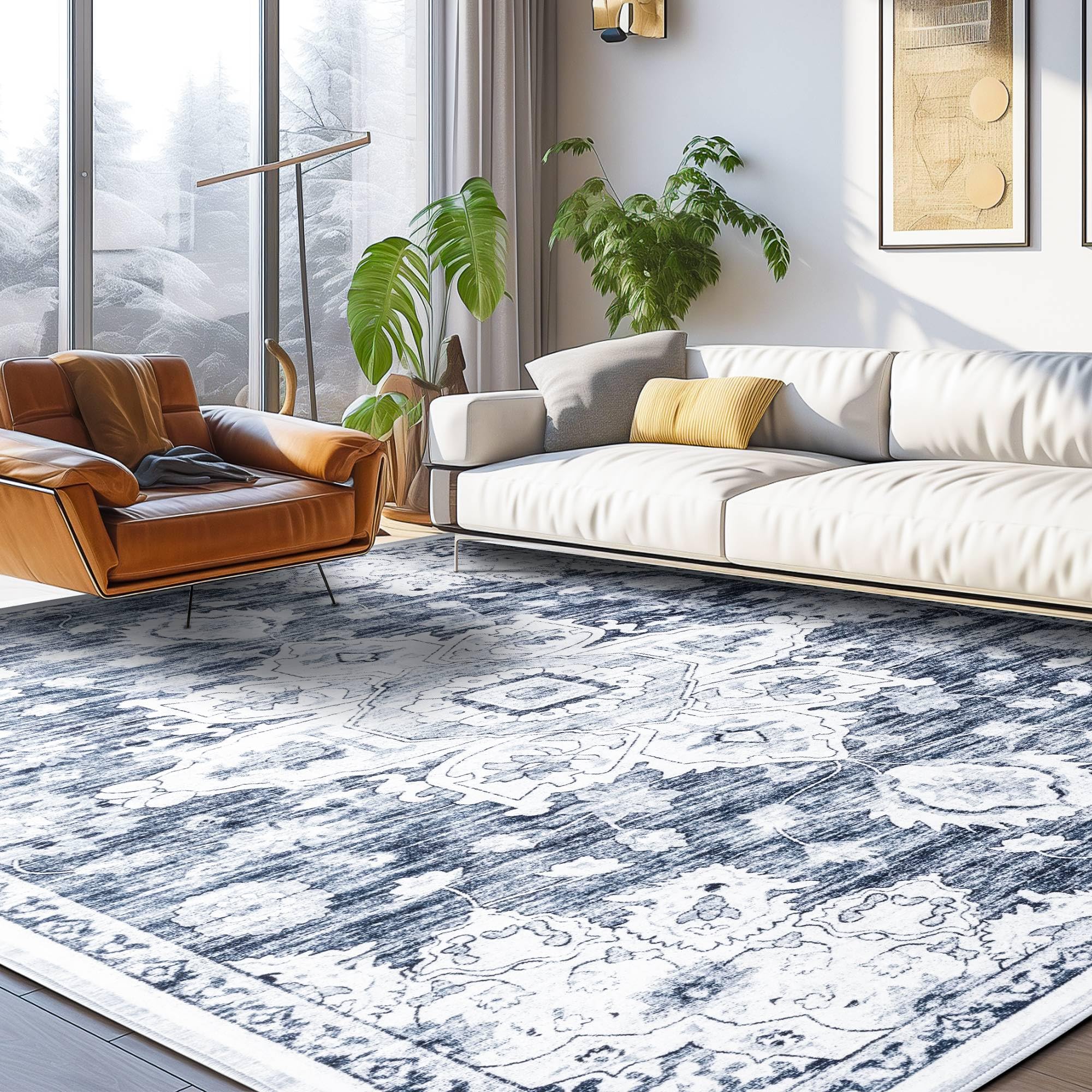 Shilucheng Area Rugs 9x12,Area Rug for Living Room,Machine Washable Area Rugs with Non Slip,Soft Low Pile Area Rug,Large Rugs Clearance (Grey/Blue)