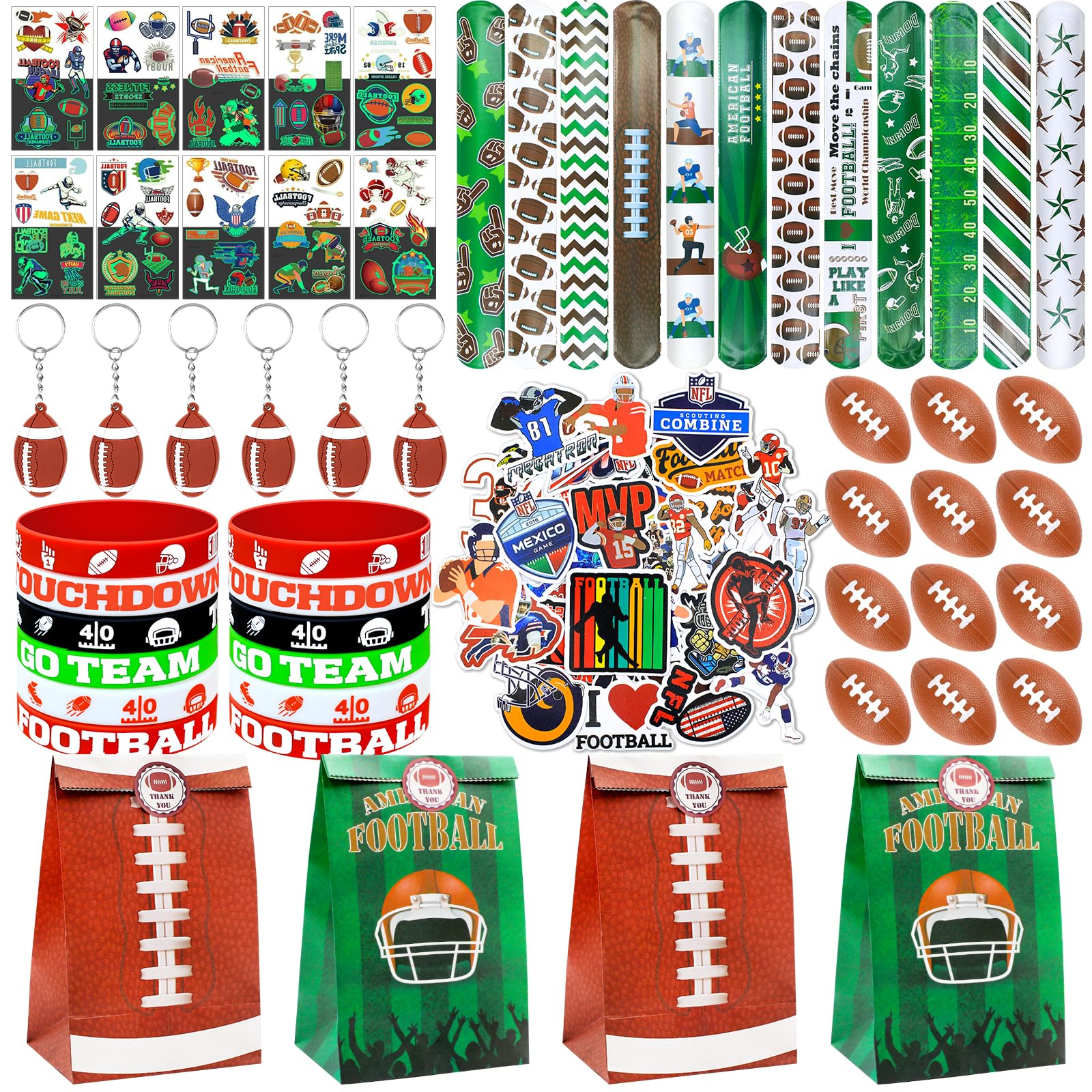 BOIKOKY 122Pcs Football Party Favors Football Goodie Bags Stuffers with Stress Ball Keychain Tattoo Sticker Silicone Bracelet for Football Birthday Party Supplies