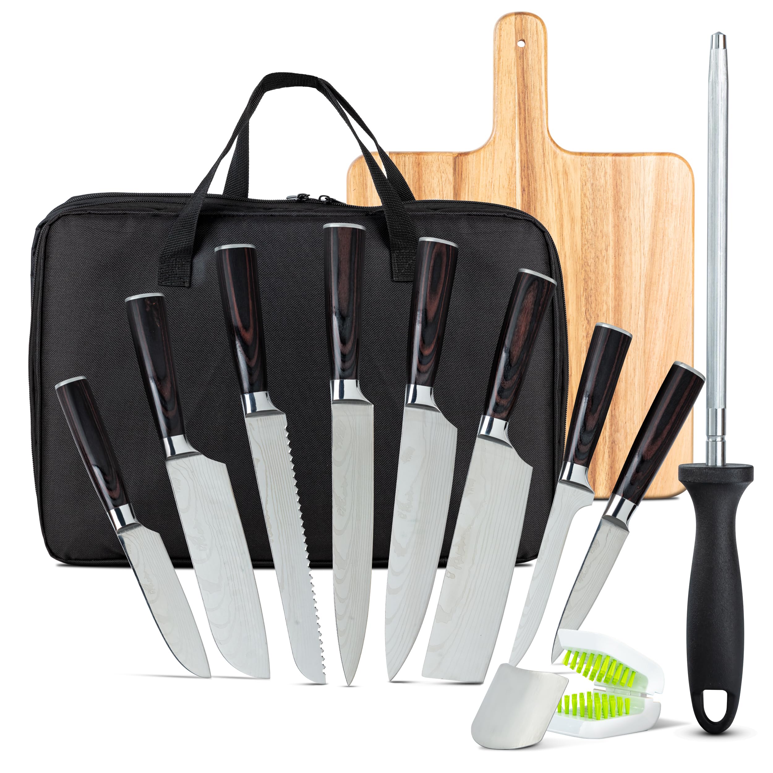 Diversity DS Japanese Chef Knife Set - 20 Piece Kitchen Knife Set with Finger Guard, Sheath, Knife Sharpener, Knife Cleaner Brush, and Wooden Cutting Board - Premium Stainless Steel