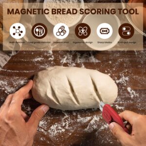 Flelano Bread Lame, Magnetic Bread Lame Dough Scoring Tool, Bread Scoring Knife for Homemade Bread, Dough Cutter Slashing Razor Tool with 1Bread Making Scoring Patterns Booklet, 5 Razor Blades, Red