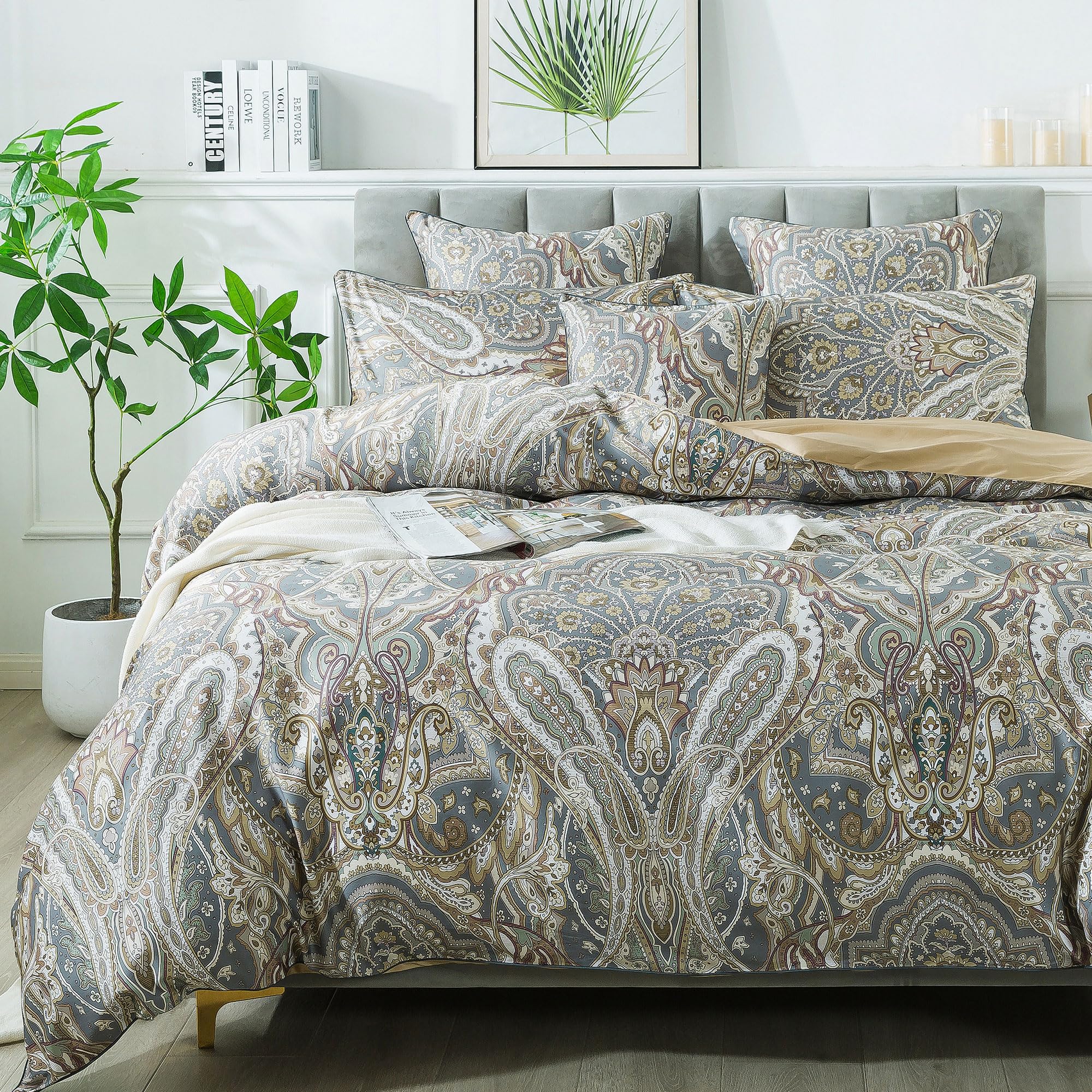 FADFAY Paisley Duvet Cover Set Queen Classic Boho Paisley Bedding Exotic Bohemian Paisley Quilt Cover 800 Thread Count 100% Egyptian Cotton Comforter Cover with Hidden Zipper Closure 3Pcs, Queen Size