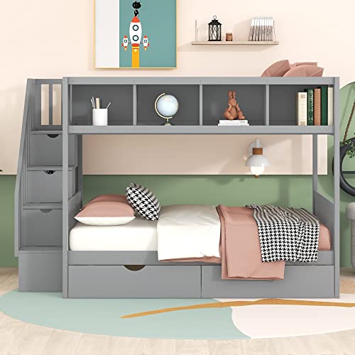 BOVZA Twin Over Full Bunk Bed with Storage Shelves, 2 Drawers and Staircase, Wood Bunk Bed Frame for Kids Teens Adults, Gray