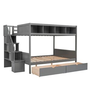 BOVZA Twin Over Full Bunk Bed with Storage Shelves, 2 Drawers and Staircase, Wood Bunk Bed Frame for Kids Teens Adults, Gray